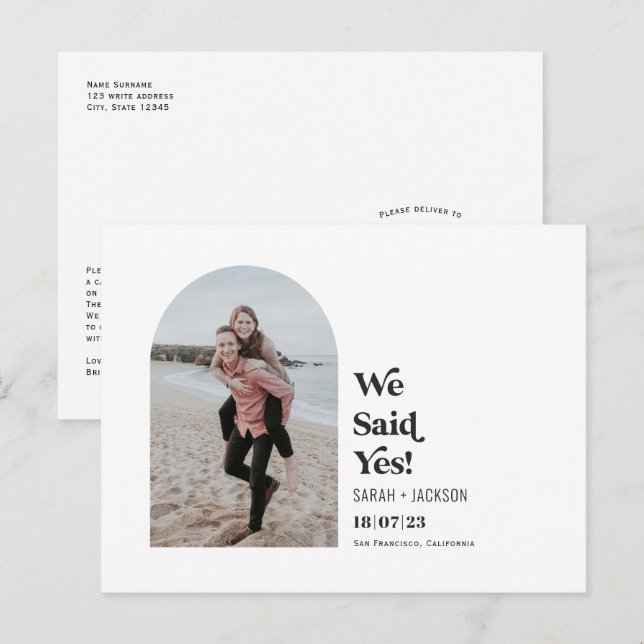 We said yes, Modern Arch Simple Photo elopement Announcement Postcard (Front/Back)
