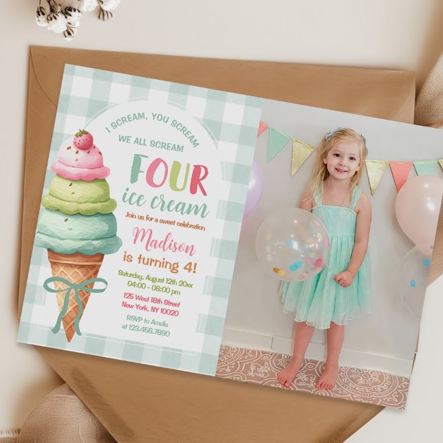We Scream Four Ice Cream Bow 4th Birthday Photo Invitation (Creator Uploaded)