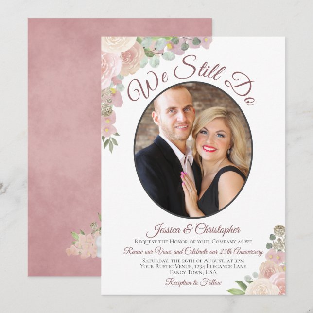 We Still Do Blush Pink Floral & Photo Vow Renewal Invitation (Front/Back)