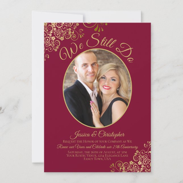 We Still Do Burgundy & Gold Wedding Vow Renewal Invitation (Front)