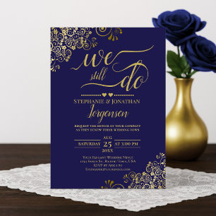 We Still Do Elegant Navy Blue & Gold Vow Renewal Invitation