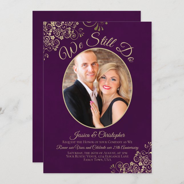We Still Do Gold Curls on Plum Wedding Vow Renewal Invitation (Front/Back)