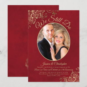 We Still Do Gold Lace on Red Wedding Vow Renewal Invitation