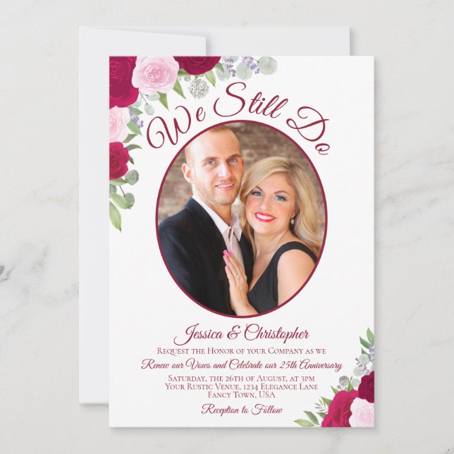We Still Do Magenta Pink Roses & Photo Vow Renewal Invitation (Front)