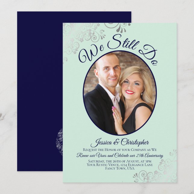 We Still Do Mint Green & Navy Wedding Vow Renewal Invitation (Front/Back)