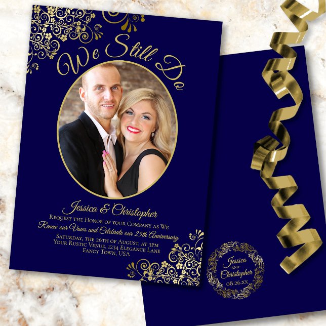 We Still Do Navy Blue & Gold Wedding Vow Renewal Invitation (Front/Back)