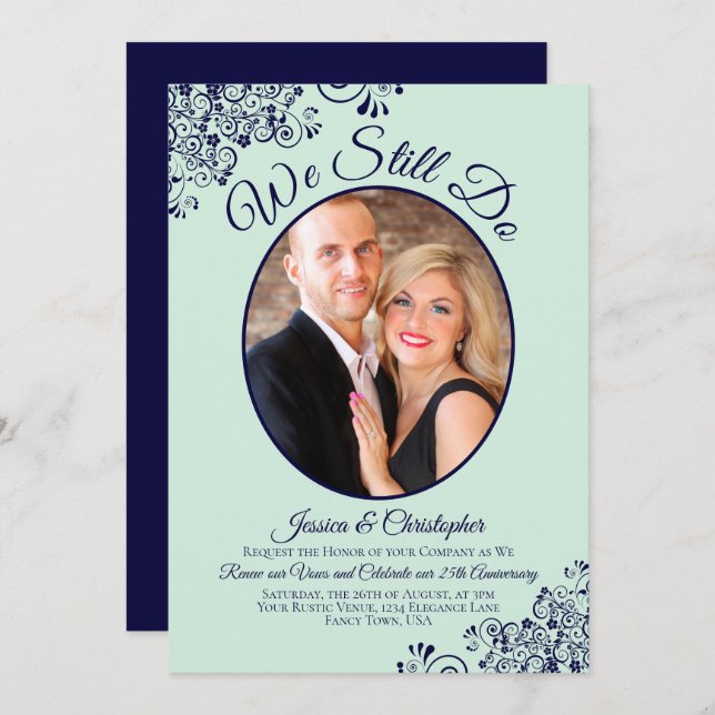 We Still Do Navy Blue & Mint Wedding Vow Renewal Invitation (Front/Back)