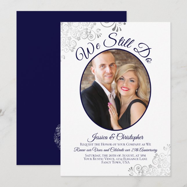 We Still Do Navy Blue on White Wedding Vow Renewal Invitation (Front/Back)