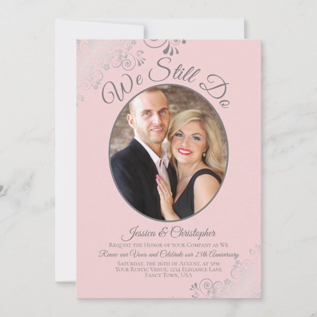 We Still Do Pink & Silver Grey Wedding Vow Renewal Invitation (Front)