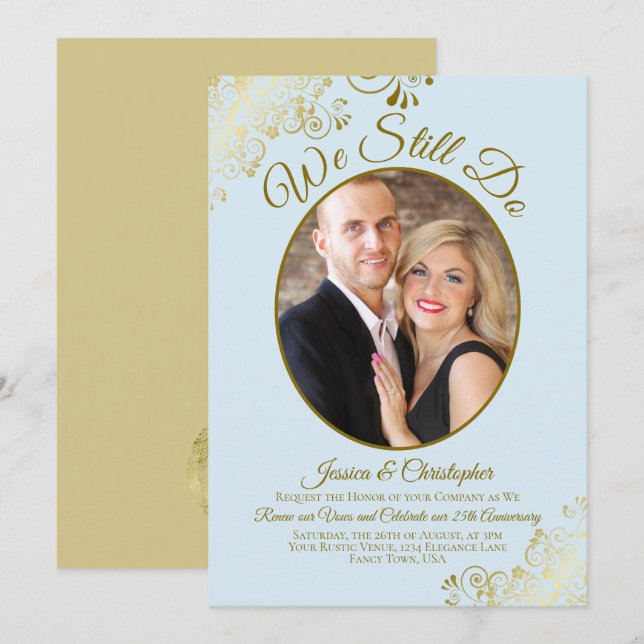 We Still Do Powder Blue & Gold Wedding Vow Renewal Invitation (Front/Back)