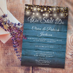 We Still Do Vow Renewal Blue Rustic String Lights Invitation<br><div class="desc">Personalise with your special vow renewal information in chic lettering on a blue rustic wood background with prety string lights and gold hearts confetti. Designed by Thisisnotme©</div>