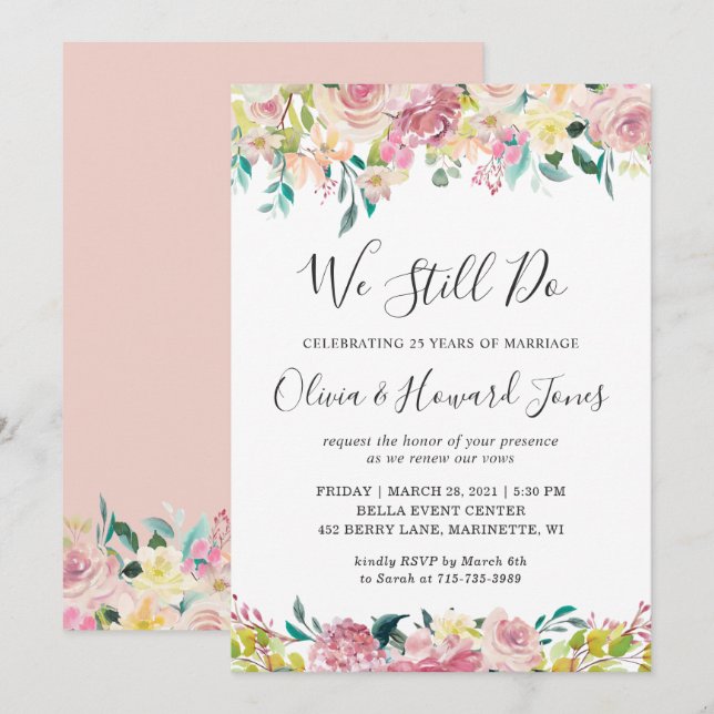 We Still Do Vow Renewal Pastel Chic Blush Floral Invitation (Front/Back)