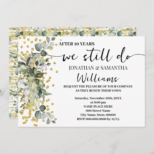 We Still Do Wedding Anniversary Eucalyptus Gold Invitation (Front/Back)