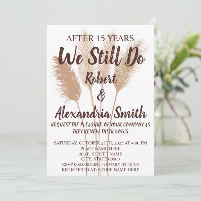 We Still Do Wedding Anniversary Renewal Pampas Invitation (Standing Front)