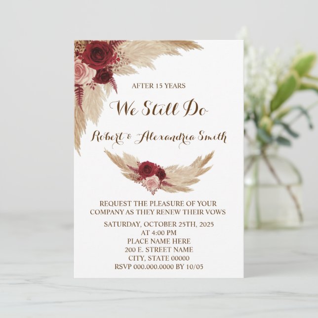 We Still Do Wedding Anniversary Renewal Pampas  Invitation (Standing Front)