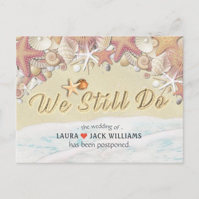 We Still Do Wedding Postponement Summer Beach Sand Announcement Postcard (Front)