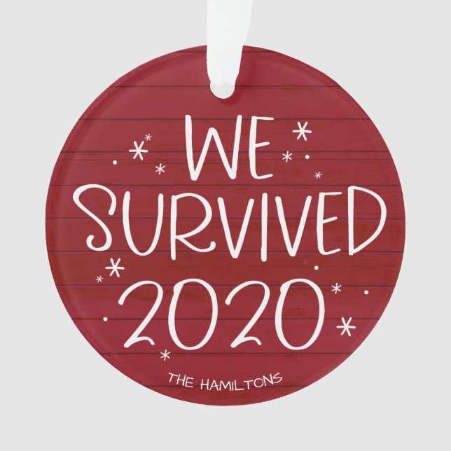 We Survived 2020 Funny Covid Christmas Red Wood Ornament (Front)