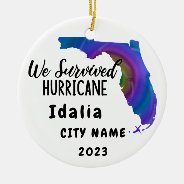 We Survived! Hurrican Idalia Florida & City Name Ceramic Tree Decoration (Front)