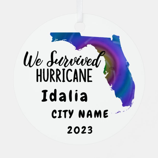 We Survived! Hurrican Idalia Florida & City Name Metal Tree Decoration (Back)