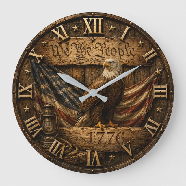 We the People 1776 Rustic American Flag Large Clock (Front)