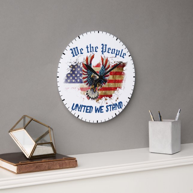 We The People United We Stand American Flag Eagle Large Clock (Office)
