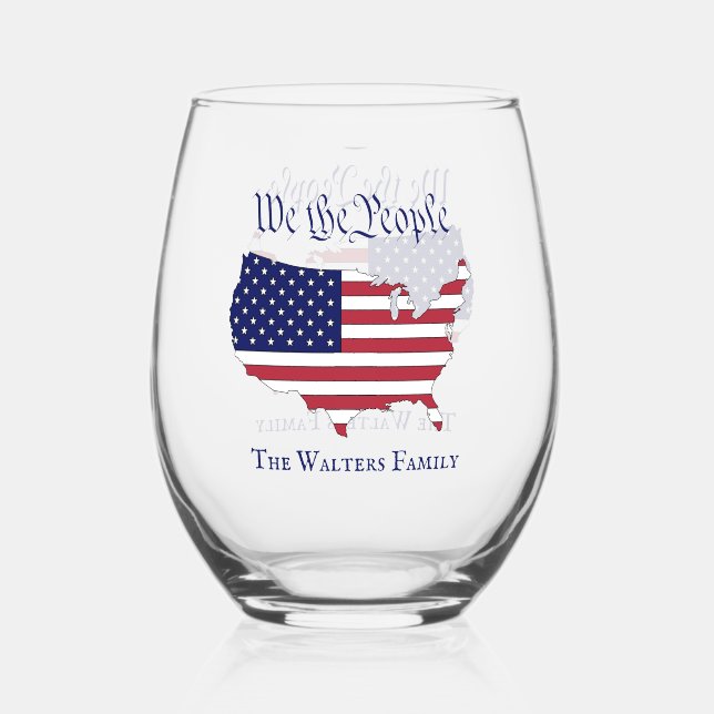 We the People USA Stars Stripes Map Family Name Wt Stemless Wine Glass (Front)