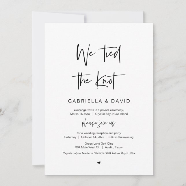 We tied the knot, Black, Wedding Elopement Invitation (Front)