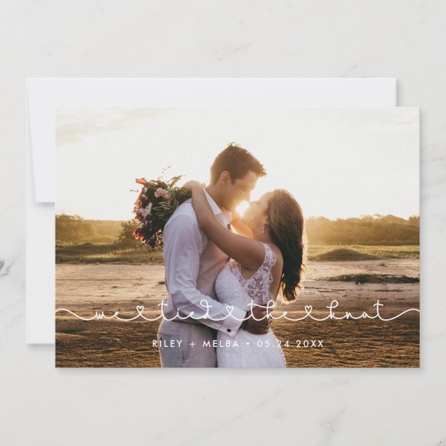 We tied the knot Cute connecting heart font photo Announcement (Front)