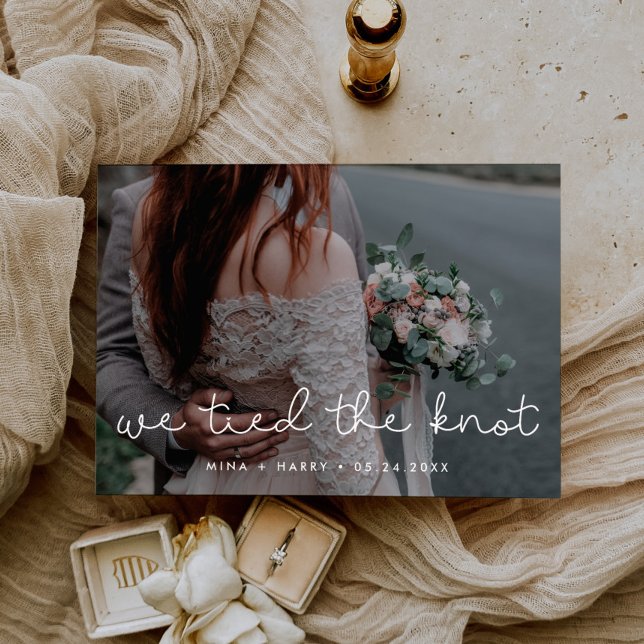 We tied the knot Cute script wedding photo card (Creator Uploaded)