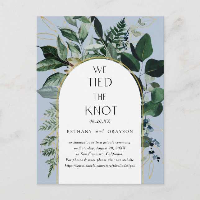 We tied the knot, Dusty Blue botanical wedding Announcement Postcard (Front)