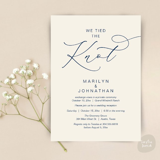 We tied the knot, Elopement Reception Dinner Invitation (We tied the knot, Romantic Wedding Elopement Reception Dinner Invitation Card in Navy Blue Ivory)
