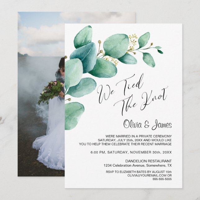 We Tied the Knot Eucalyptus Leaves Photo Reception Invitation (Front/Back)