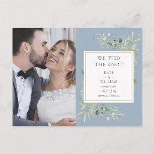 We Tied The Knot Greenery Dusty Blue Photo Wedding Announcement Postcard