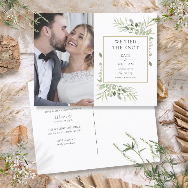 We Tied The Knot Greenery Photo Wedding Announcement Postcard (We Tied The Knot Greenery Photo Wedding Announcement Postcard)