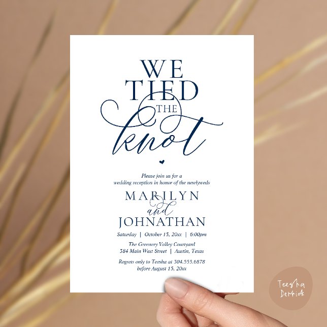 We Tied The Knot, Modern Classy Wedding Reception Invitation (We Tied The Knot, Modern Classy Wedding Reception Dinner brunch Invitation Card in Navy Blue)