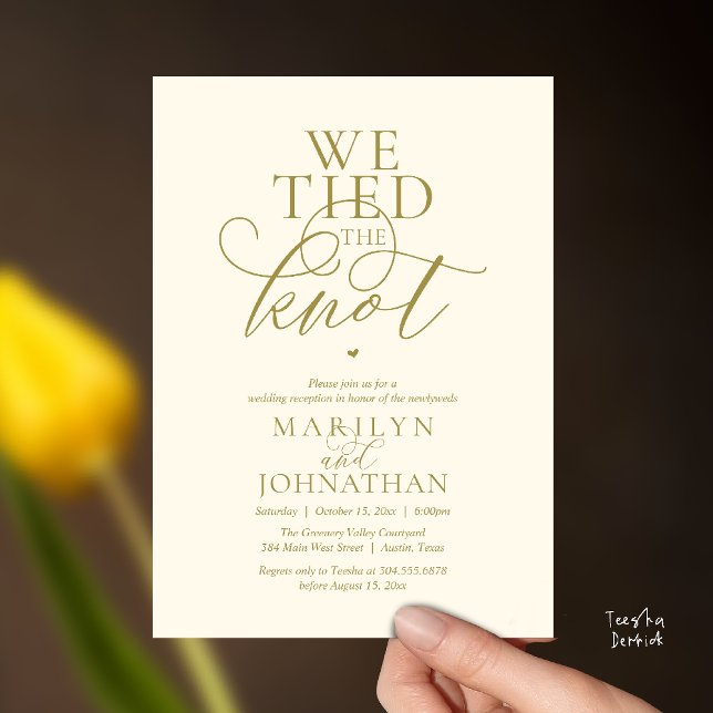 We Tied The Knot, Modern Classy Wedding Reception Invitation (We Tied The Knot, Modern Classy Wedding Reception Dinner brunch Invitation Card in Yellow gold)