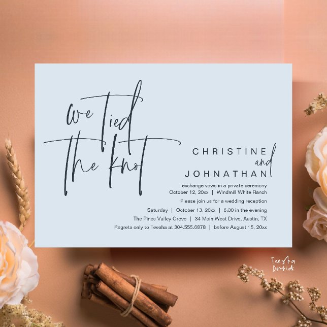 We tied the knot, Modern wedding reception Invitation (We tied the knot, Modern wedding reception dinner party Invitation card in misty blue)
