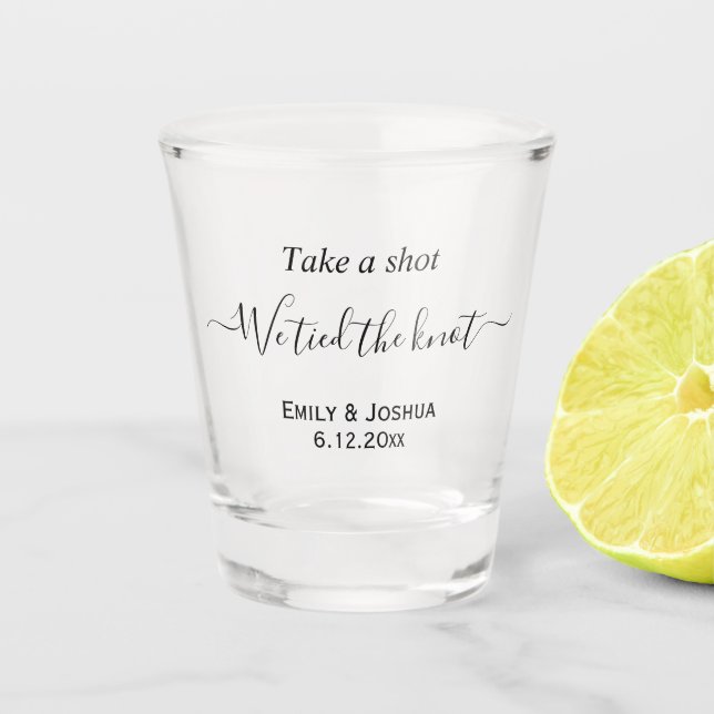 We Tied the Knot Personalised Wedding Party Favour Shot Glass (Front)