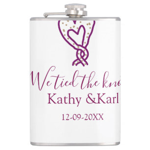 We tied the knot pink heart knots name date romant hip flask
