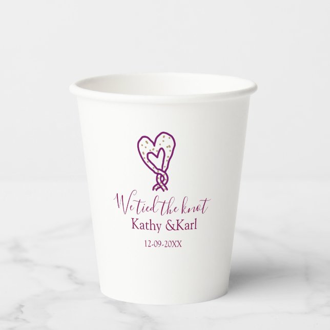 We tied the knot pink heart knots name date romant paper cups (Front)