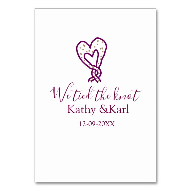 We tied the knot pink heart knots name date romant table number (Front)