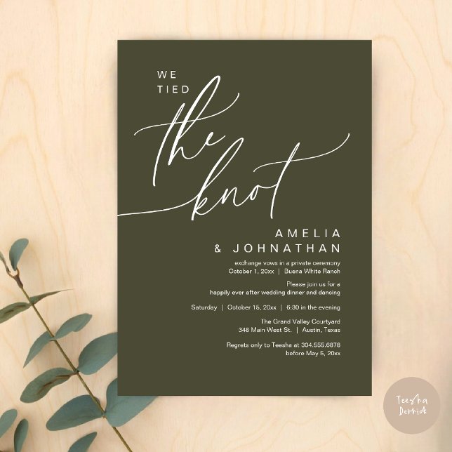 We tied the knot, Romantic Wedding Dinner Party Invitation (We tied the knot, Romantic Wedding Dinner Lunch Brunch Party Reception Invites Card PDF Olive Green)