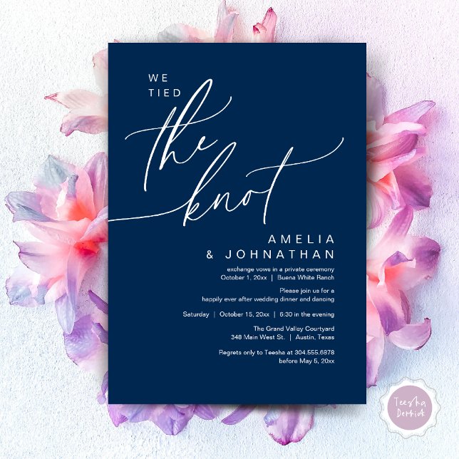 We tied the knot, Romantic Wedding Dinner Party Invitation (We tied the knot, Romantic Wedding Dinner Lunch Brunch Party Reception Invites Card PDF Navy Blue)