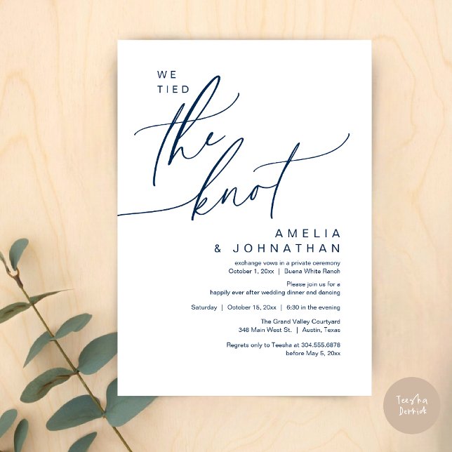 We tied the knot, Romantic Wedding Dinner Party Invitation (We tied the knot, Romantic Wedding Dinner Lunch Brunch Party Reception Invites Card PDF Navy Blue)