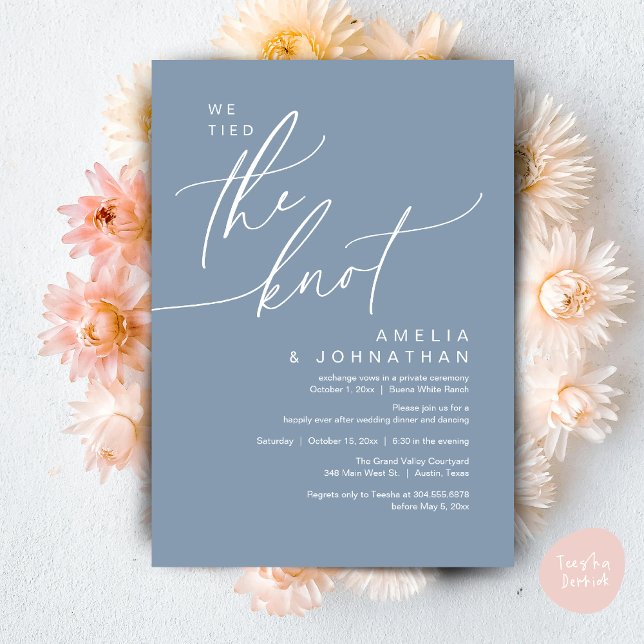 We tied the knot, Romantic Wedding Dinner Party Invitation (We tied the knot, Romantic Wedding Dinner Lunch Brunch Party Reception Invites Card PDF Dusty Blue)
