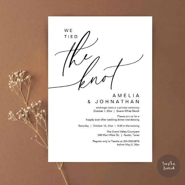 We tied the knot, Romantic Wedding Dinner Party Invitation (We tied the knot, Romantic Wedding Dinner Lunch Brunch Party Reception Invites Card PDF Black White)