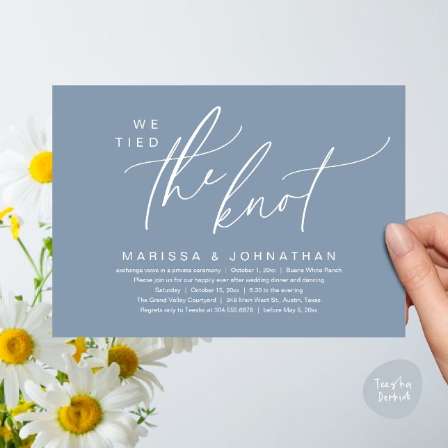 We Tied The Knot Romantic Wedding Elopement Dinner Invitation (We Tied The Knot Romantic Wedding Elopement Dinner Brunch Lunch Party Invites Card PDF Dusty Blue)