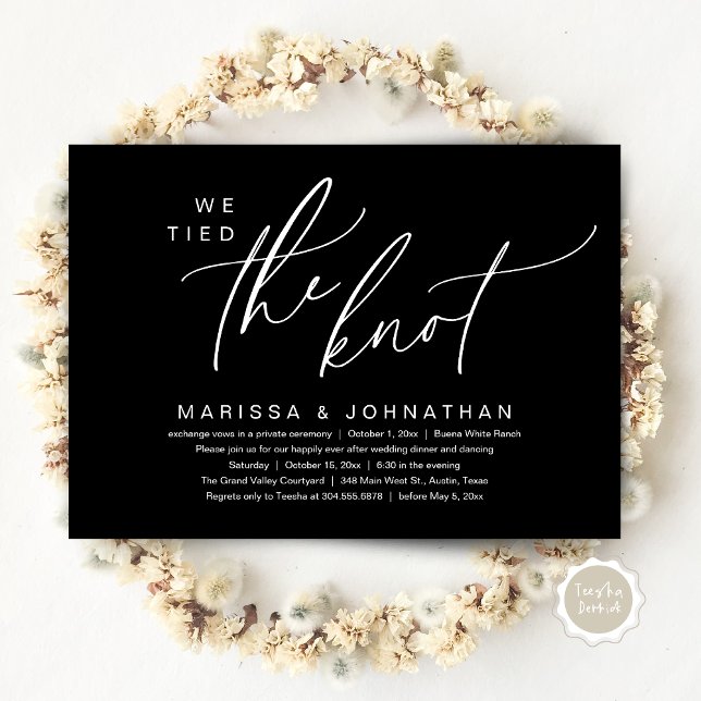 We Tied The Knot Romantic Wedding Elopement Dinner Invitation (We tied the knot, Romantic Wedding Dinner Lunch Brunch Party Reception Invites Card PDF Classy Black)