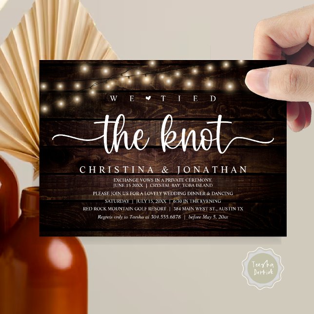 We Tied The Knot, Rustic Wedding Dinner Elopement Invitation (We Tied The Knot, Rustic Wedding Dinner Elopement Invitation card, pdf, in cottage dark wood)