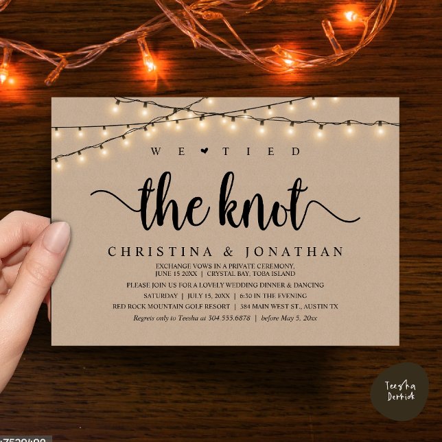 We Tied The Knot, Rustic Wedding Dinner Elopement Invitation (We Tied The Knot, Rustic Wedding Dinner Elopement Invitation Card, PDF, String Lights Brown Kraft)